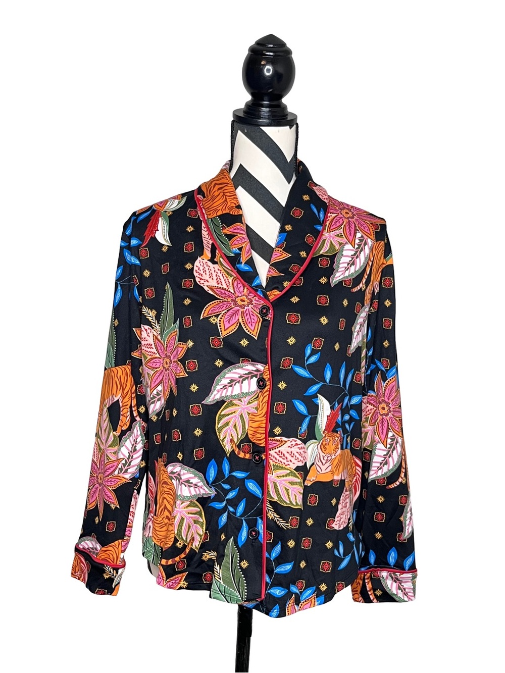 NWT Room Service Tiger Floral Long-Sleeve Button Front Pajama Top Sz S